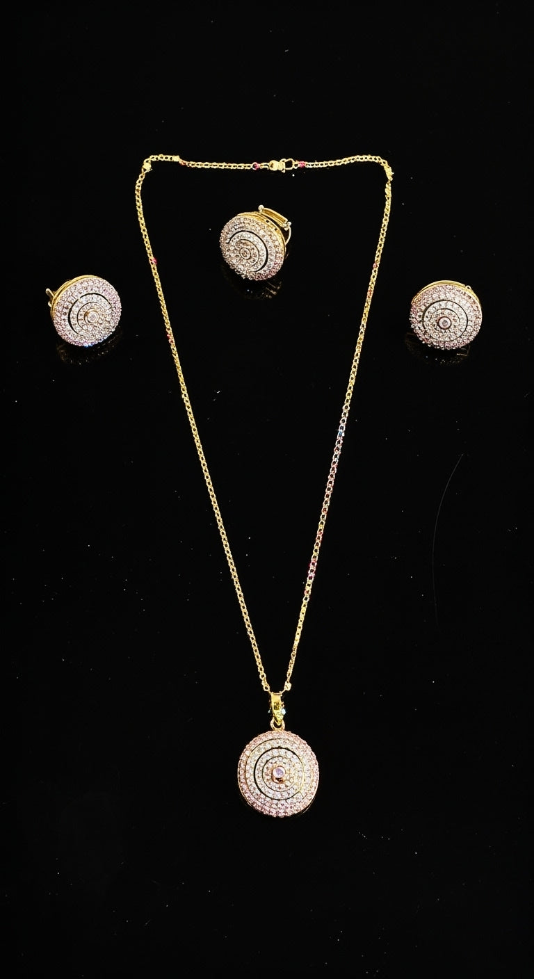 Gold Pave Round Pendant Set